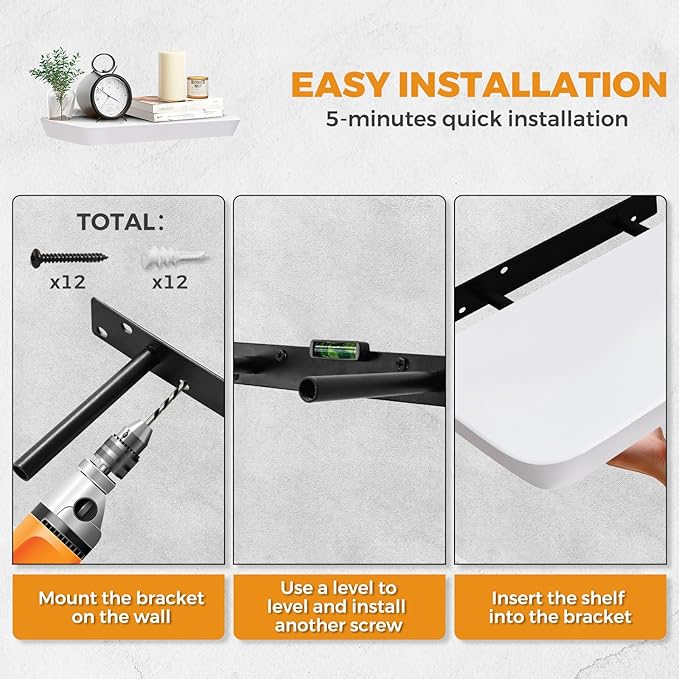 16"x6.8"x1.6" Slanted Floating Wall Shelves 2-Pack - Rustic White Finish, Heavy-Duty Solid Wood Design with Hidden Brackets - Perfect for Living Room, Kitchen, Bathroom, or Office