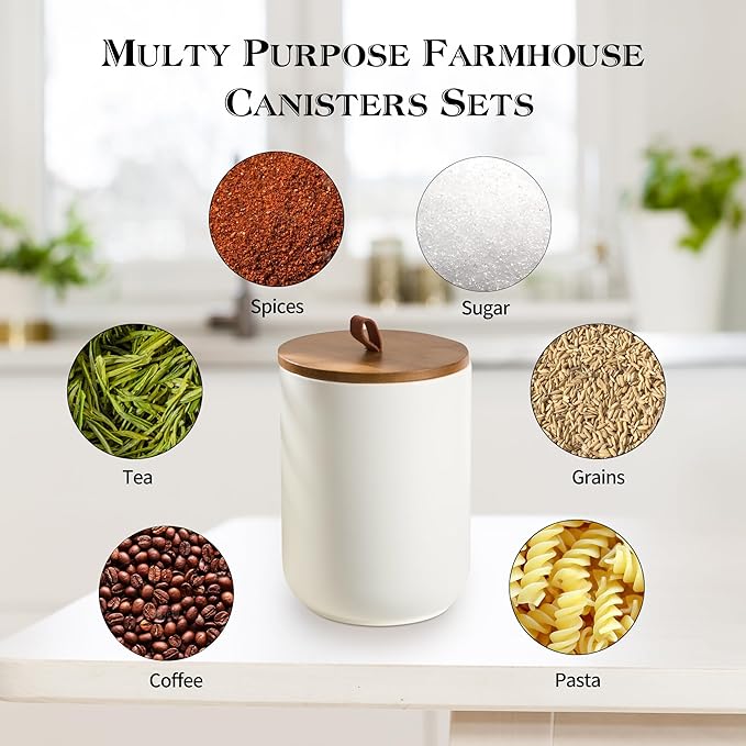 White Ceramic Canister Set with Wooden Lid, 3-Piece Food Storage Jars for Kitchen Counter, Storage Container for Coffee, Tea, Spice, Sugar, Grains, Salt