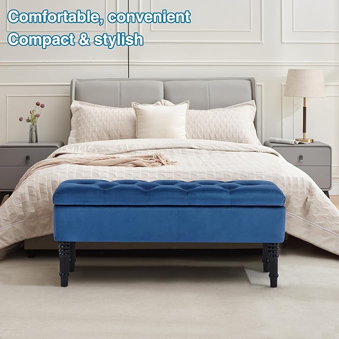 Ottoman with Storage Velvet Storage Bench Holds Up to 500 lbs Ottomans Upholstered Bench with Seating for Bedroom, Living Room, Blue