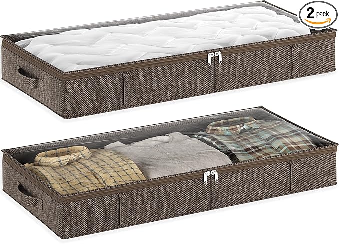 Brown Low Profile Under Bed Storage Containers 5 inches high, 33.8"x 17.7"x 5.1", Sturdy Underbed Shoe Storage Organizer, Foldable Fabric Under the Bed Storage Bins - Pack of 2