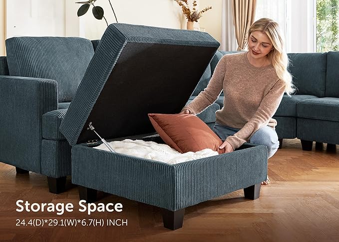 Nolany Modular Sectional Couch with Storage Ottoman, Corduroy Sectional Sofa with Chaise, U Shape Sectional Couches for Living Room, Blue