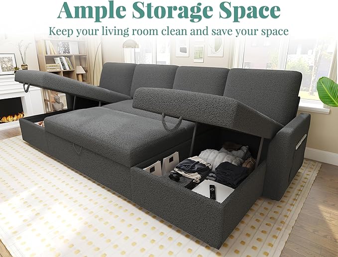 VanAcc Sleeper Sofa, 110 inch Oversize - 2 in 1 Pull Out Bed, Sectional Sleeper Sofa with Double Storage Chaise for Living Room, Grey Boucle Couch