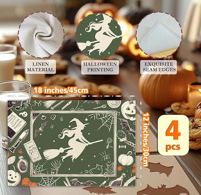 Halloween Bat Placemats Set of 4, 12x18 Inch Pumpkin Witch Table Mats, Washable Heat Resistant Place Mats for Kitchen Dining Table, Halloween Spooky Themed Decoration for Home-B10