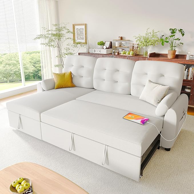 Ucloveria Sleeper Sofa Bed, 86" Convertible Sectional Sofa Couches for Living Room, 4 in 1 Pull Out Couch Bed with Reversible Storage Chaise | USB Ports | Side Pockets | Removable Backrest