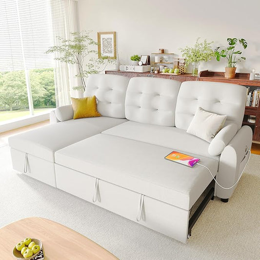 Ucloveria Sleeper Sofa Bed, 86" Convertible Sectional Sofa Couches for Living Room, 4 in 1 Pull Out Couch Bed with Reversible Storage Chaise | USB Ports | Side Pockets | Removable Backrest