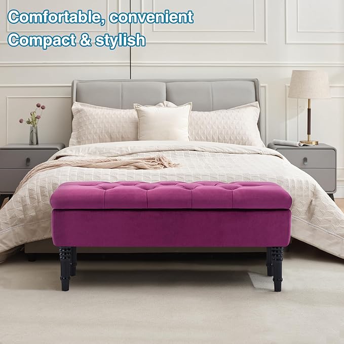 Ottoman with Storage Velvet Storage Bench Holds Up to 500 lbs Ottomans Upholstered Bench with Seating for Bedroom, Living Room, Purple