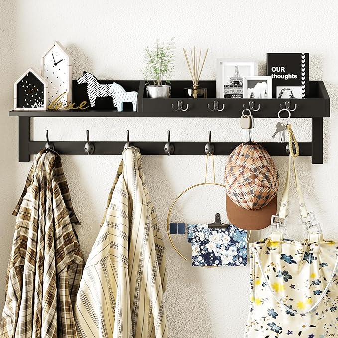 AMBIRD 35 inch Wall Hooks with Shelf, Coat Rack Wall Mount, Large Coat Hanger for Wall, Entryway Shelf with 7 Dual Coat Hooks, 4 Key Hooks and Mail Organizer, Wooden Key Holder Rack (Black)