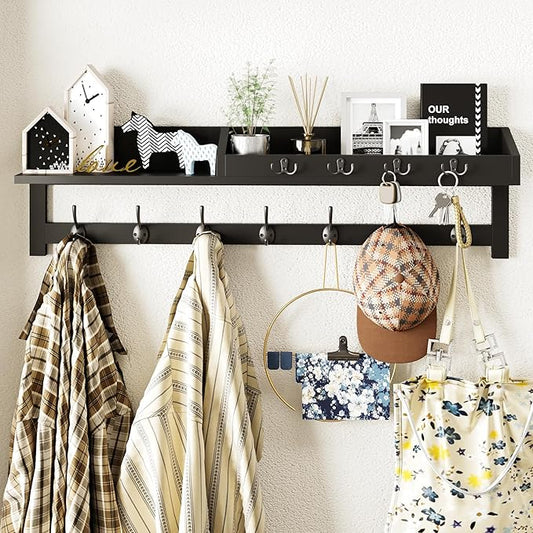 AMBIRD 35 inch Wall Hooks with Shelf, Coat Rack Wall Mount, Large Coat Hanger for Wall, Entryway Shelf with 7 Dual Coat Hooks, 4 Key Hooks and Mail Organizer, Wooden Key Holder Rack (Black)