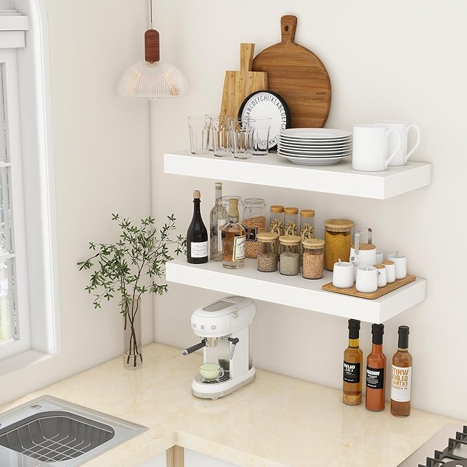 Deep Floating Shelves | 30 Inch Floating Shelves for Wall Set of 2 | 12 Inch Deep White Shelves for Living Room Bathroom Laundry Room Bedroom Kitchen Home Office - White