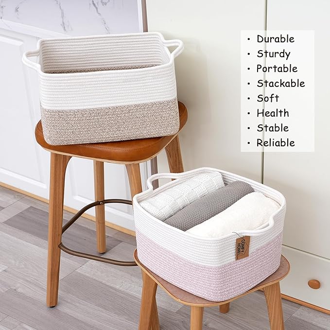 COMFY-HOMI 3-Pack Cotton Rope Woven Basket with Handles for Shelves, Books, Toys, Cloth Storage|Towel Storage|Nursery Baby Basket - 13.5" x 11" x 9.5" for Living Room (White/Brown)