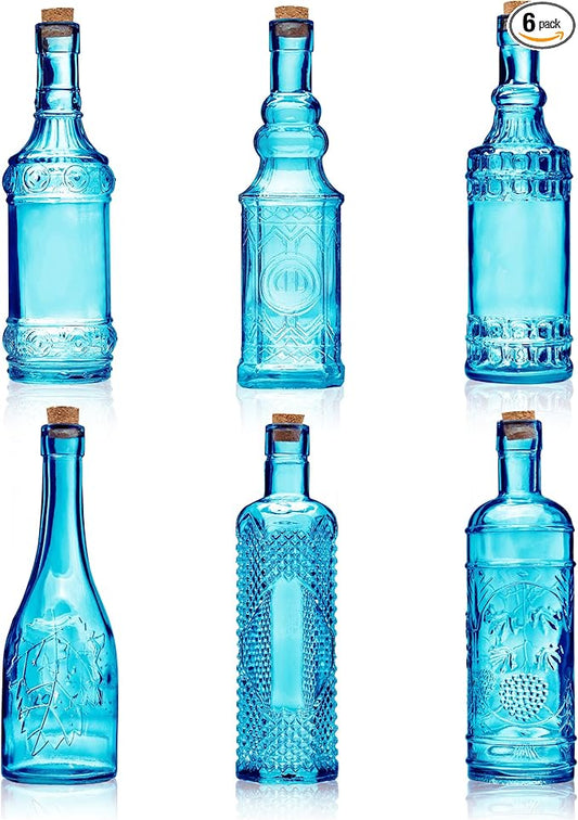 Assorted Blue Glass Bottles with Corks, 6 Pack, 2.5in X 9in, 16oz