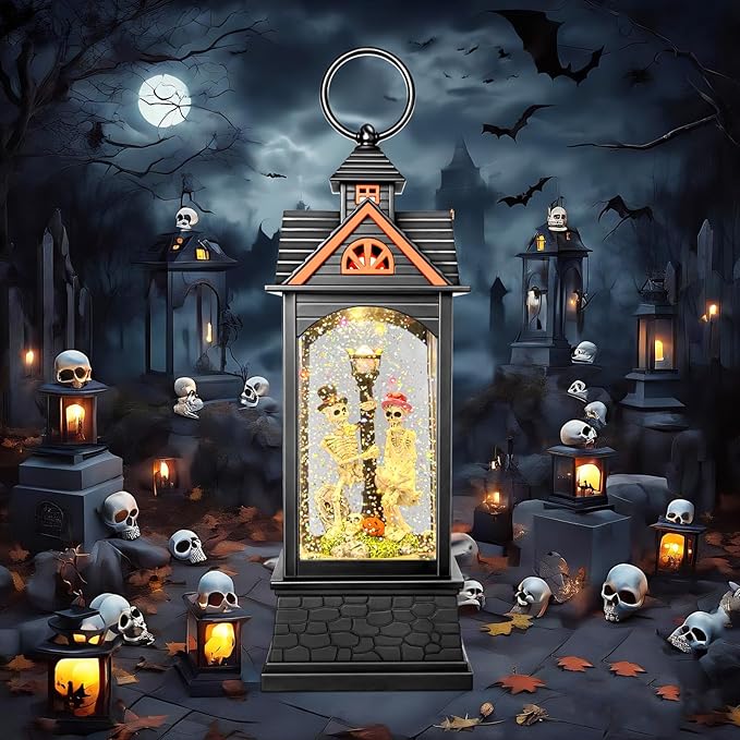 Halloween Snow Globe Lantern, Spooky Ghost Halloween Decor, Plug-in & Battery Operated Snow Globes for Halloween Decorations Indoor