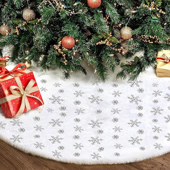24inch White Christmas Tree Skirt Tree Carpet Blanket, Soft 2ft Xmas Christmas Tree Blanket with Silver Snowflake White Faux Fur Carpet for Christmas Holidays Decoration Party