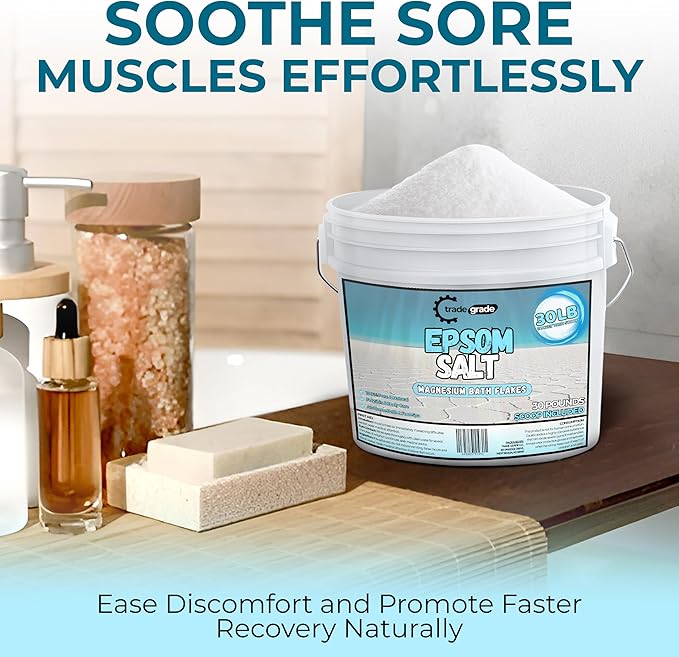 Epsom Salt Bath Soak 30 lb Bucket – Unscented, Pure Epsom Salt Bulk Crystals, Magnesium Sulfate for Full Body or Foot Soaks, Resealable Container with Scoop for Home Bath Use