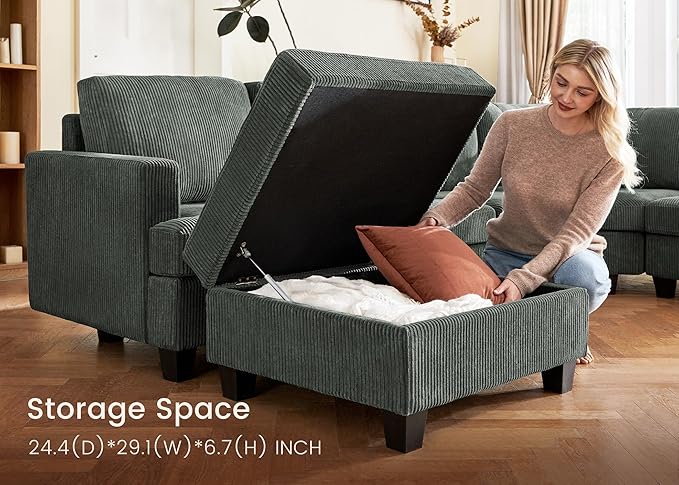 Nolany Corduroy Sectional Couch with Storage Ottoman, Sleeper Sectional Sofa, Modular Sectional Couches for Living Room, Green