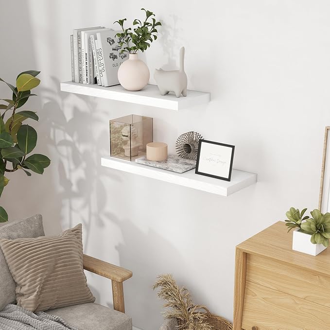 Fun Memories White Floating Shelves 32 Inch Long, 9 Inch Deep Floating Bookshelf Wall Mounted, Farmhouse Wood Shelves White for Bathroom, Living Room, Bedroom, Home Decor Deep Shelf for Wall Set of 2