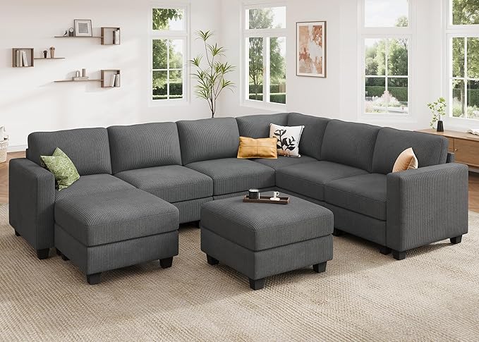 HONBAY Corduroy Sectional Couch with Storage U Shaped Sectional Sofa Modular Sectional Couches for Living Room, Dark Gray