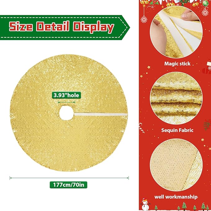 Eternal Beauty Christmas Tree Skirt, 70 Inch Gold Sequin Tree Skirt Small Xmas Tree Skirt for Christmas Tree Decorations