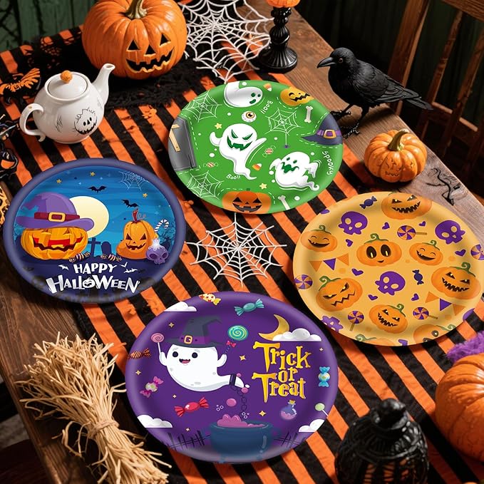 48Pcs Halloween 7inch Paper Plates - Pumpkin Ghost Spooky Dessert Plates for Cake Salad Fruit Disposable Cute Dinner Plates for Halloween Kids Trick or Treat Party Decoration, 4 Styles