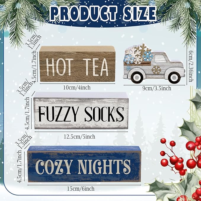 4 Pcs Christmas Table Decorations Wooden Snowflake Truck Decor Winter Tiered Tray Decor Christmas Centerpiece Rustic Decorative Truck Block Sign Gift Farmhouse for Home Kitchen Shelf