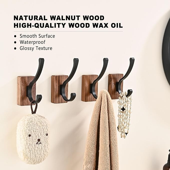 4 Pack Wooden Wall Hooks for Hanging, Adhesive Mounted & Wall Mount Nature Wood Coat Hooks for Towel Clothes Blanket Hat Backpack Robe Nursery Door Board Entryway Key Holder