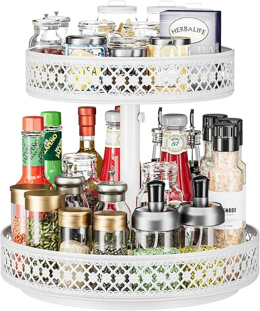 Lazy Susan Organizer 2 Tier - Turntable Spice Rack 12 inch Adjustable Metal Rotating Lazy Susan for Cabinet Pantry Kitchen Countertop Dining Table Cupboard Bathroom Vanity Storage White