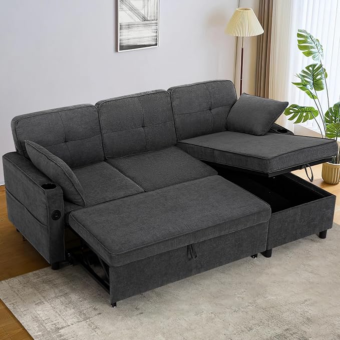 84 Inches Fabric Sectional Sofa w/Pull Out Sofa Bed & Adjustable Back, Tufted L Shaped Couch w/Storage Chaise, Sleeper Sectional Sofa w/USB Port & Cup Holders for Living Room, Grey