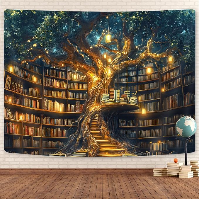 GOAOK Fantasy Library Tapestry For Classroom, Mysterious Tree Magic Bookshelf Aesthetic Tapestries, Witchy Fairytale Tree Vintage Bookshelf Book Art Tapestry Wall Hanging College Room Bedroom, 80"X60"