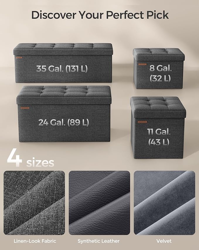SONGMICS Folding Storage Ottoman Bench，38 x 38 x 38 cm， Ottoman Foot Rest, End of Bed Bench, Storage Chest, Load 300 kg, for Living Room, Bedroom, Entryway, Dorm, Dark Gray ULSF27Z
