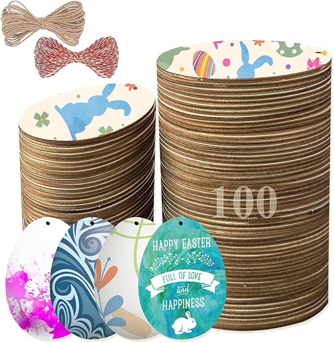 FCECOR 100PCS 4" Wooden Eggs for Crafts, Wooden Easter Eggs to Paint Wood Easter Eggs Slices DIY Crafts for Kids, Unfinished Wooden Ornaments Easter Wood Cutouts for Spring Easter Crafts, Party Decor
