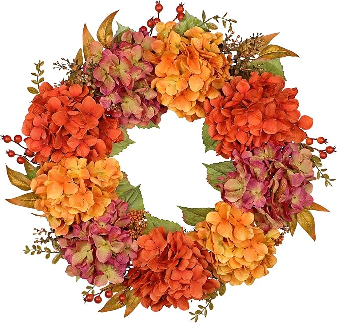 Artificial Fall Wreath for Front Door – 24 Inch Hydrangea Floral Wreath with Orange & Burgundy Flowers, Autumn Thanksgiving Door Décor