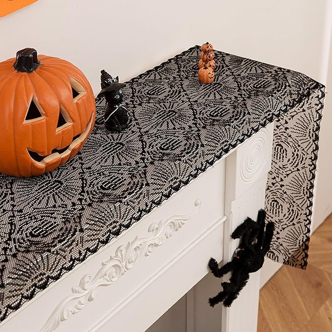 Halloween Black Lace Table Runner Ghost Hand Pattern Gothic Table Decorations Fireplace Mantel Scarf Halloween Indoor Party Tabletop Decor Supplies for Home Party 12×71 Inches