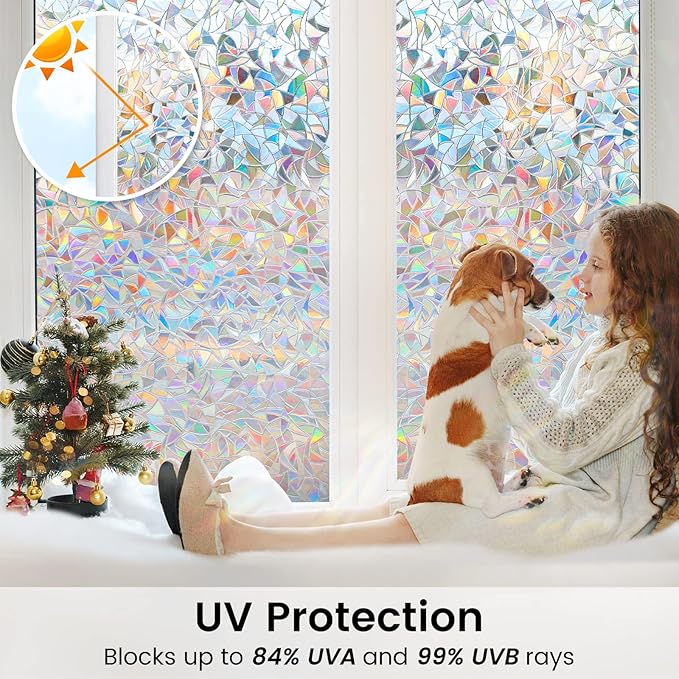DOWELL Window Privacy Film, Rainbow Window Film, Decorative Stained Glass Clings, Static Cling Door Sticker, Non-Adhesive 3D Decals for Home UV Protection, 17.5 x 157.5 inches