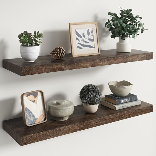 RICHFOCUS Elm Floating Shelves for Wall - 36" W x 9.3" D Rustic Solid Wood Shelves with Invisible Bracket, Wall-Mounted for Living Room, Bedroom, Kitchen Storage & Display, Set of 2, Walnut