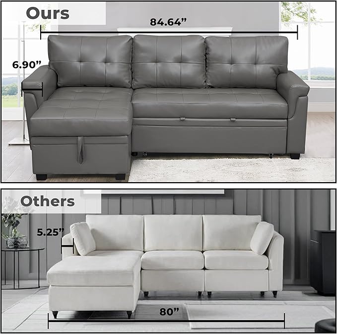 Naomi Home L-Shaped Reversible Sectional Sofa with Pull-Out Sleeper Bed and Storage Chaise, Gray Air Leather