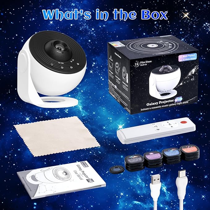 Galaxy Projector for Bedroom Pro Version, HD 12 in 1 Film Discs Star Projector Galaxy Light, Planetarium Projector with Timer, White Noise, 360 ° Rotation, Bluetooth, Remote Control
