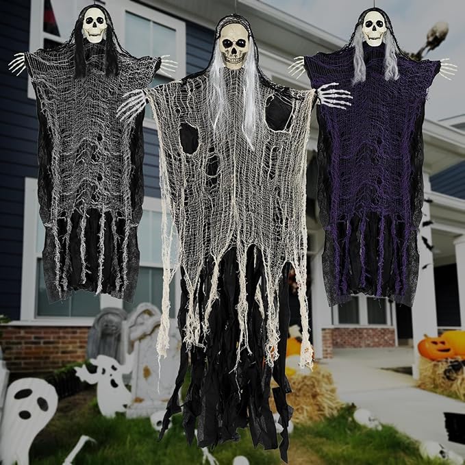 Halloween Decorations Outdoor and Indoor,3PCS Scary Hanging Ghosts,Halloween Grim Reaper Skeleton,Scary Party Decorations for Yard,Haunted House Decor