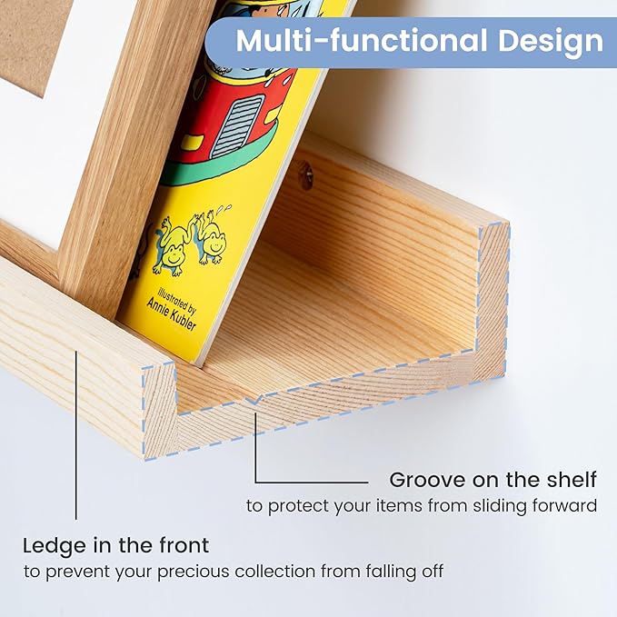 Picture Ledge Shelf, Floating Shelves Set of 2, Solid Pine Wood 55'' Long Large Nursery Book Shelves for Toys Storage, Kids Bookshelf for Living Room Bedroom Decor Books Photo Frames, Natural