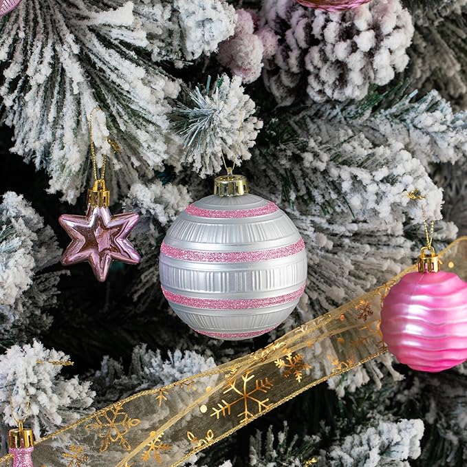 150PCS Pink and Silver Christmas Ornaments, Shatterproof Christmas Ball Ornaments Set, Assorted Christmas Baubles Hanging Decorations for Xmas Tree Home Festival Party Wedding (Pink & Silver)