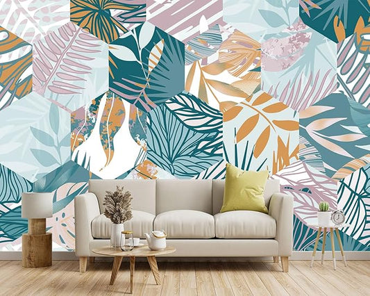 '-Abstract Geometry Botanical Banana Leaf Fabric Wallpaper Living Room Bedroom Bathroom Tropical Plant Leaf Large Wall Mural- 160"x108"（ not Peel and Stick）