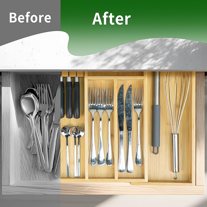 VaeFae Bamboo Kitchen Drawer Organizer, Wooden Utensil Tray with Multiple Compartments, Cutlery and Silverware Storage