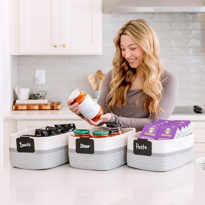 NaturalCozy 13.5”x8.5”x5.5” Storage Baskets for Shelves 3 Pack | Cotton Rope Woven Small Baskets for Organizing | Small Storage Bins for Nursery, Bathroom, Closet, Cube Shelf, Decorative, Gift