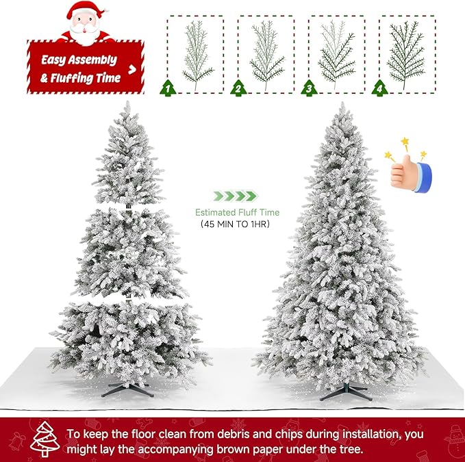 7.5ft 360° Rotating Pre-Lit Snow Flocked Christmas Tree, Built-in Music, Remote Control, 8 Light-Modes, White Christmas Tree for Home Decor