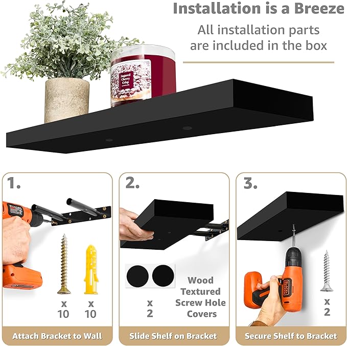 Sorbus Floating Shelves for Wall - 24" Bathroom Shelves, Wall Decor for Bedroom, Kitchen, Living Room, Home Decor & Book Storage - Mounted Floating Shelf with Invisible Brackets (Black, 3 Pack)