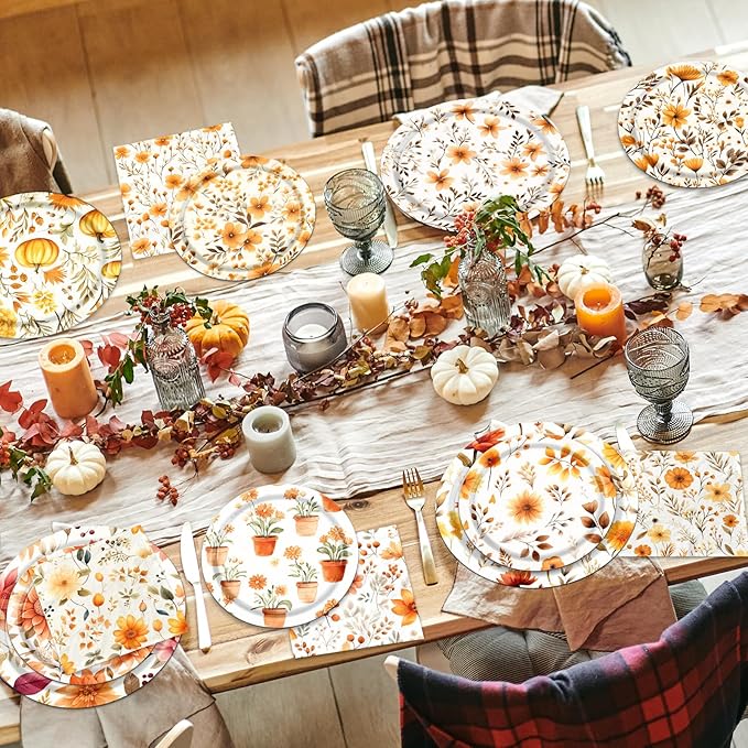 Fall Party Supplies - 60Pcs Autumn Thanksgiving Plates and Napkins Pumpkin Maple Leaf Table Decorations for Fall Birthday,Thanksgiving Party