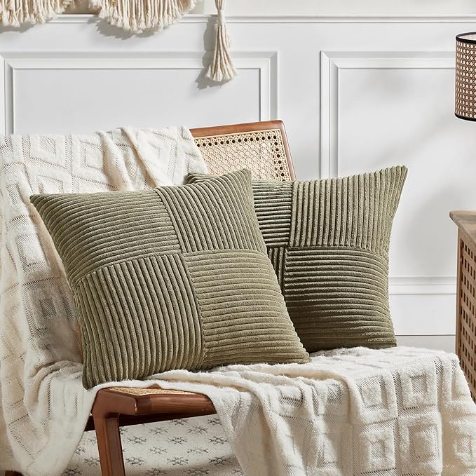 Fancy Homi 2 Packs Olive Green Euro Decorative Throw Pillow Covers 26x26 Inch for Living Room Couch Bed, Rustic Farmhouse Boho Home Decor, Soft Corss Corduroy Patchwork Textured Cushion Case 66x66 cm