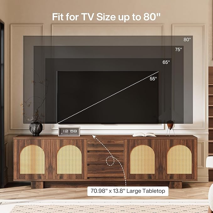 Tribesigns 70.9" TV Stand for TVs up to 80 Inches, Mid-Century Modern Entertainment Center with Storage and Drawers, Rattan Media Console TV Cabinet for Living Room, Bedroom, Walnut