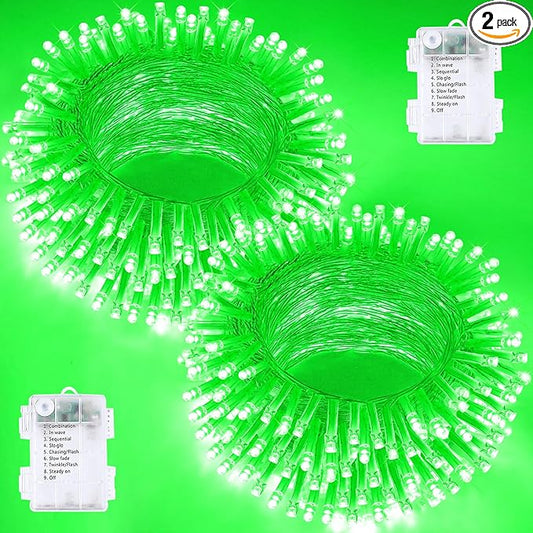 2 Pack Halloween String Lights Battery Operated with Timer, 66FT 200 LED Waterproof Battery Fairy Lights, 8 Modes Twinkle Light for Indoor & Outdoor Party Bedroom Garland Tree Christmas Decor (Green)
