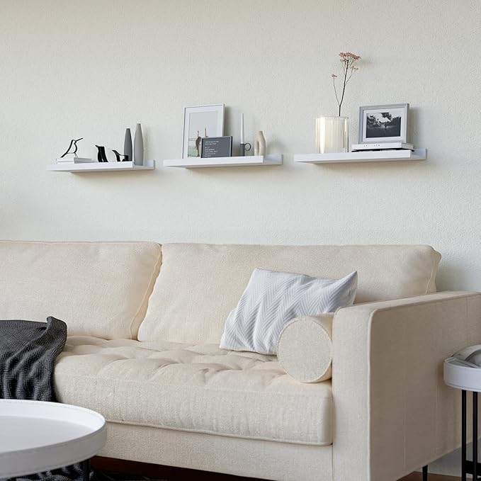 RICHER HOUSE 3 Set White Floating Shelves, Wall Mounted White Shelves for Wall Decor, Picture Ledge Shelf with Lip for Wall Storage Nursery, Bedroom, Living Room, Bathroom - White
