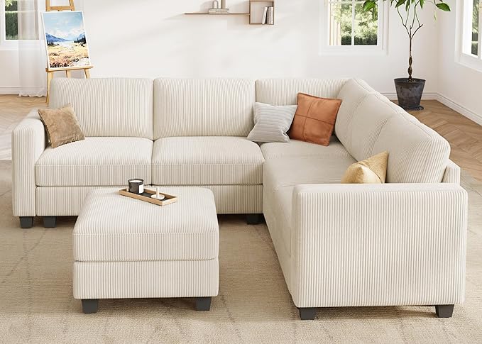 HONBAY Corduroy Modular Sectional Couch with Storage L-Shaped Sectional Couches for Living Room 6 Seater Modular Sectional Sofa, Beige